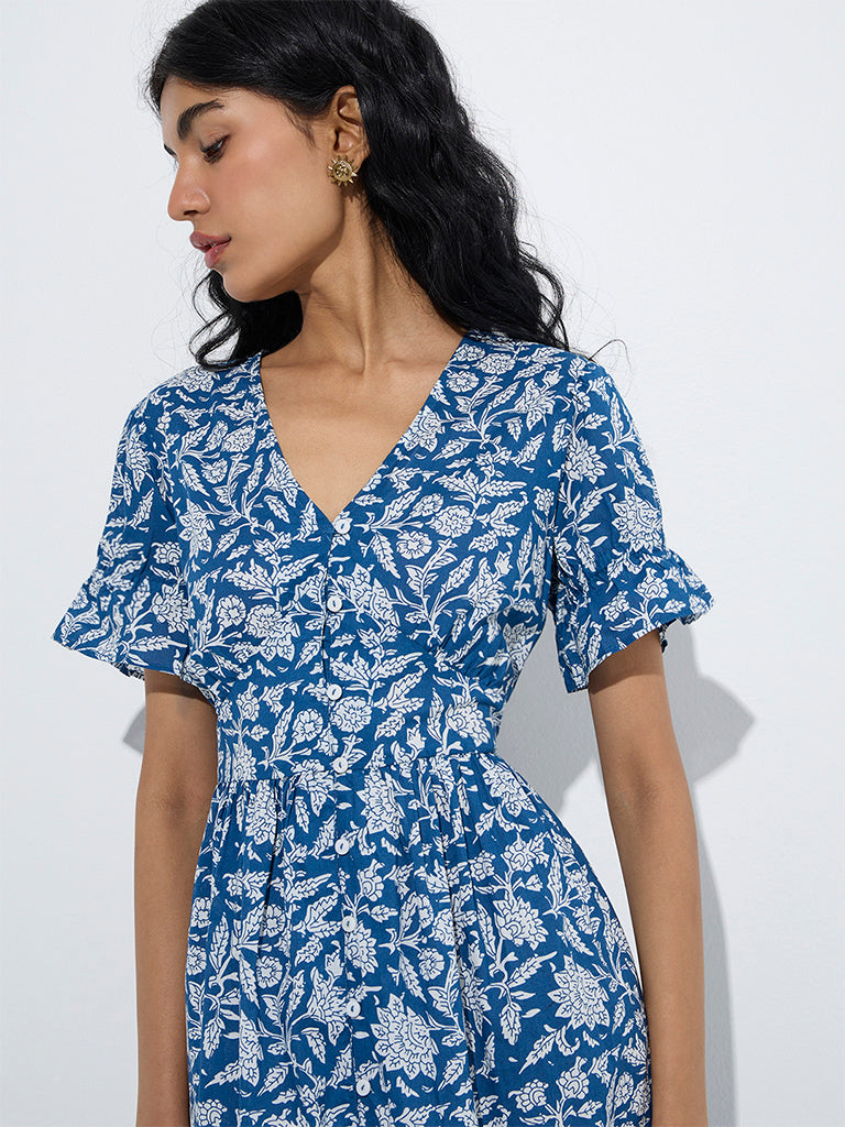 Bombay Paisley Indigo Floral Pattern A-Line Cotton Dress