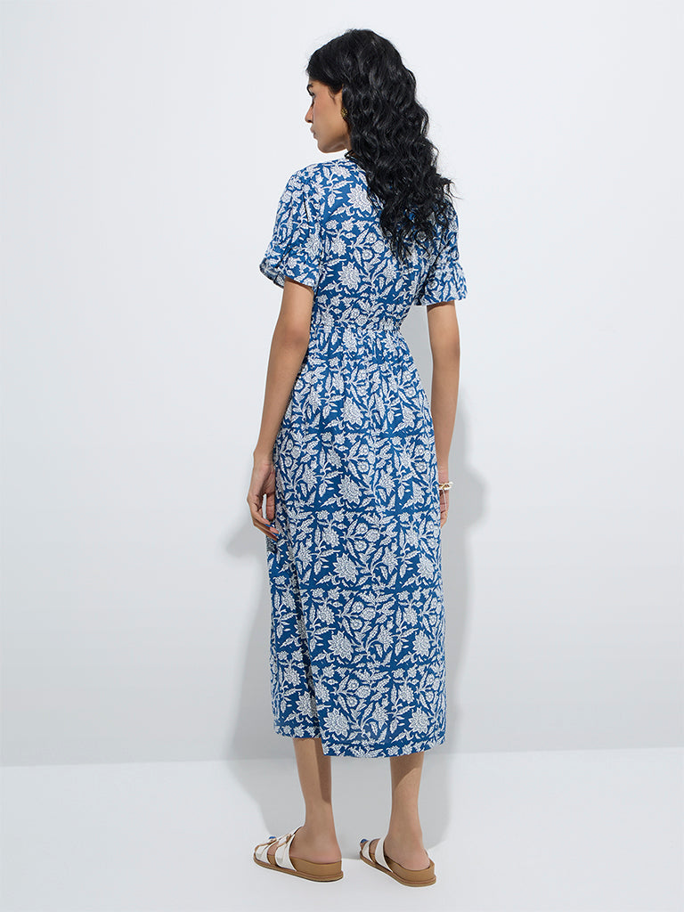 westisde Bombay Paisley Women's Indigo Floral Pattern A-Line Cotton Dress for Everyday Back View