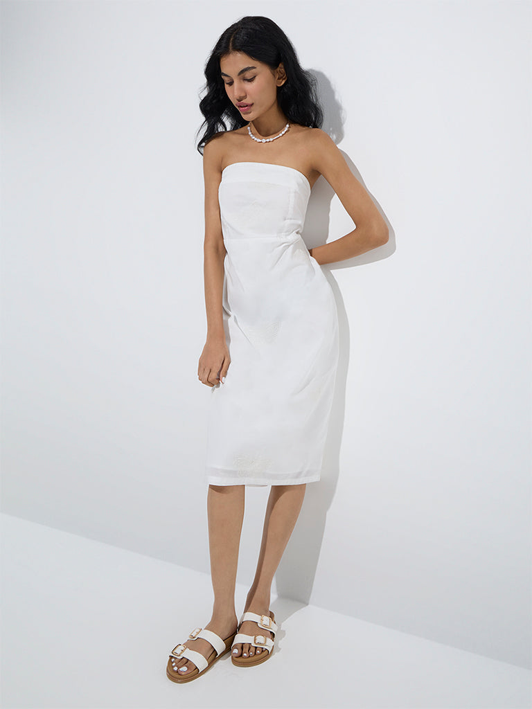Bombay Paisley White Embroidered Cotton Tube Dress