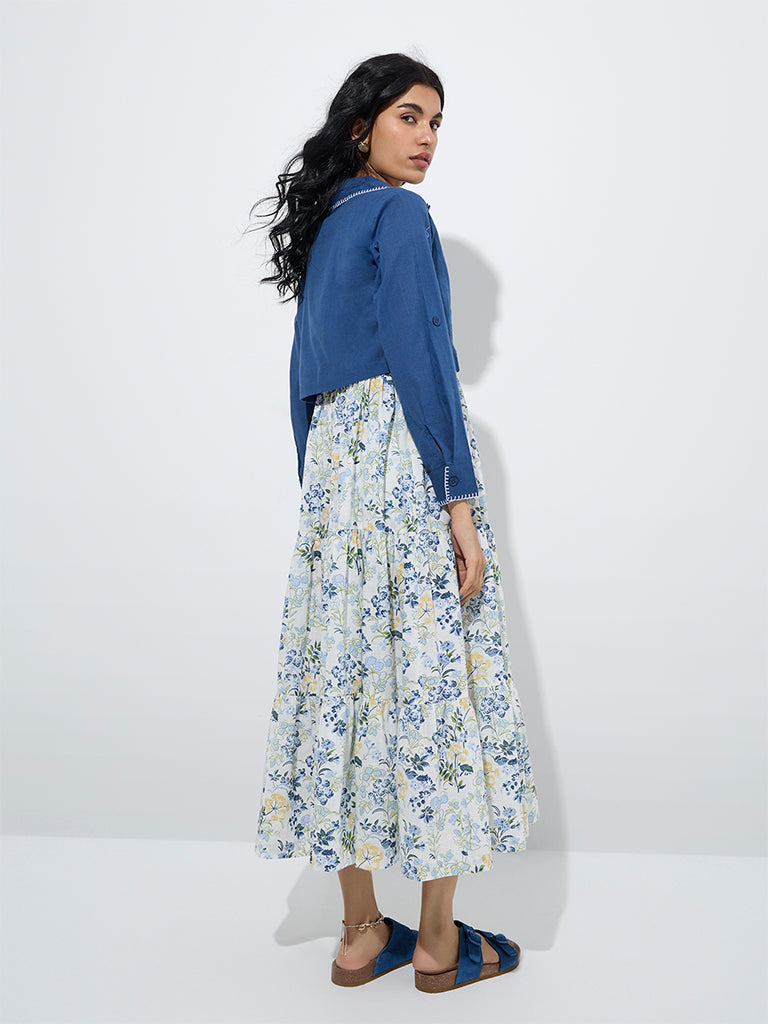 westisde Bombay Paisley Women's Blue Floral Tiered Cotton Dress with Jacket for Everyday Back View