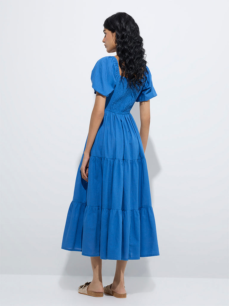 westisde Bombay Paisley Women's Blue Floral Embroidered Tiered Cotton Dress for Everyday Back View