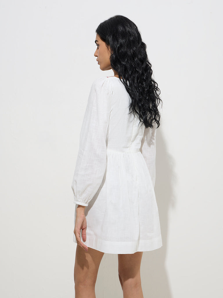 Bombay Paisley White Floral Design Cotton A-Line Dress