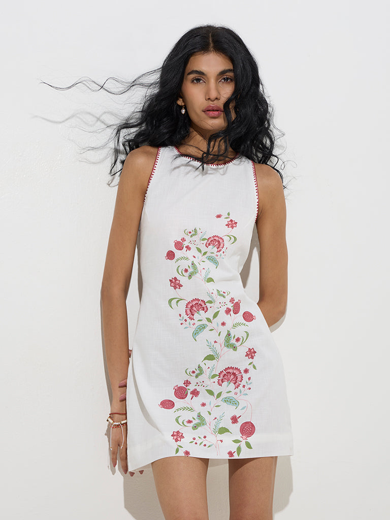 Bombay Paisley White Floral Pattern Cotton Shift Dress