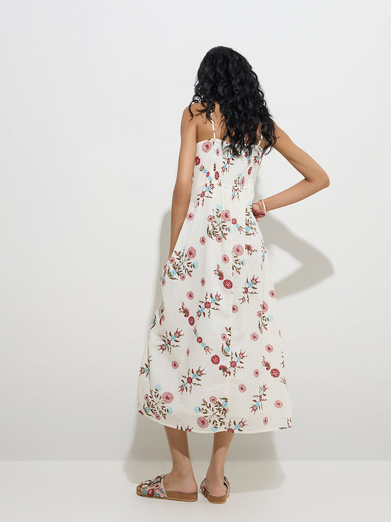 westisde Bombay Paisley Women's Off-White Floral Cotton A-Line Dress for Everyday Back View