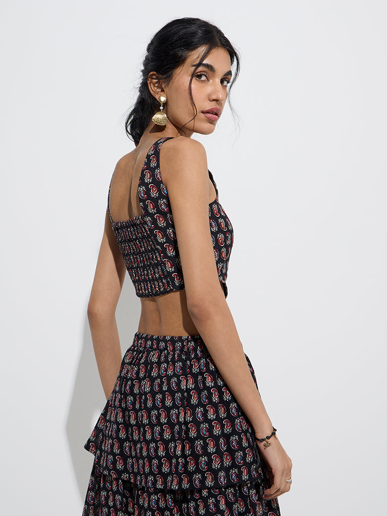 westisde Bombay Paisley Women's Black Paisley Pattern Cotton Top for Everyday Back View