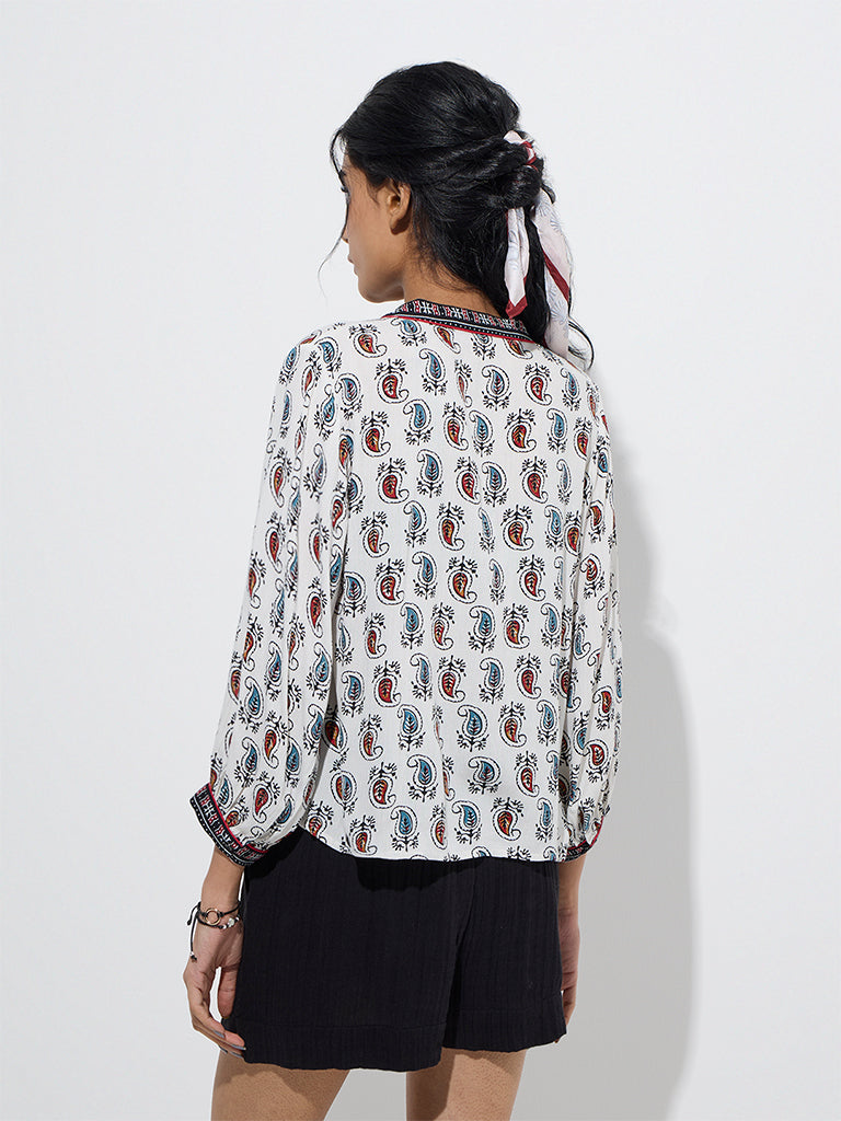 westisde Bombay Paisley Women's White Paisley Printed Cotton Top for Everyday Back View