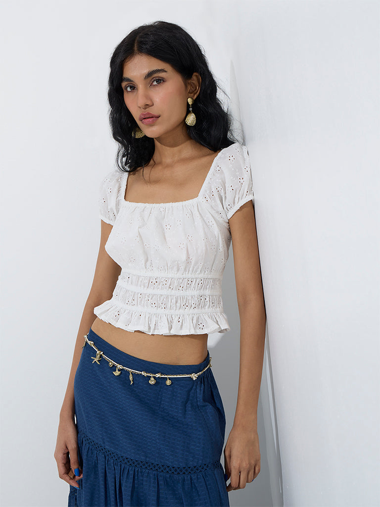westisde Bombay Paisley Women's White Floral Embroidered Smocked Cotton Top for Everyday Front View