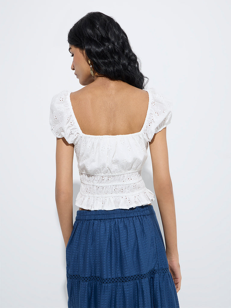 westisde Bombay Paisley Women's White Floral Embroidered Smocked Cotton Top for Everyday Back View