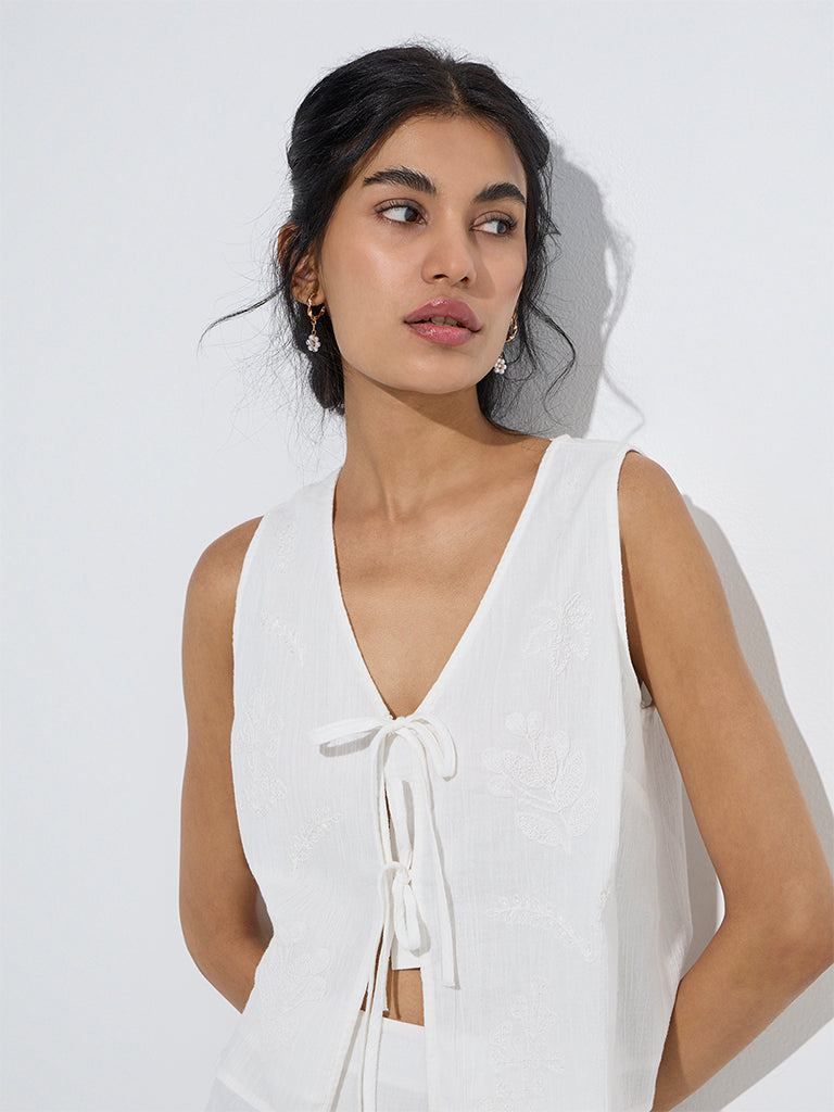 Bombay Paisley White Embroidered Cotton Vest Top