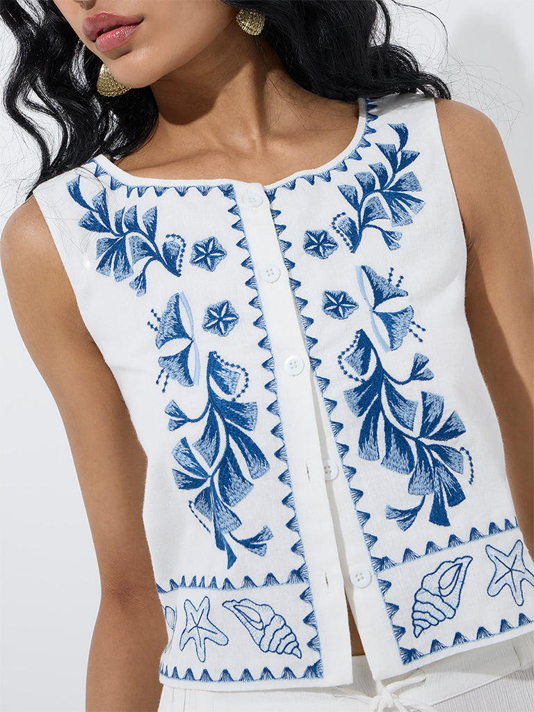 Bombay Paisley White Embroidered Cotton-Blend Top