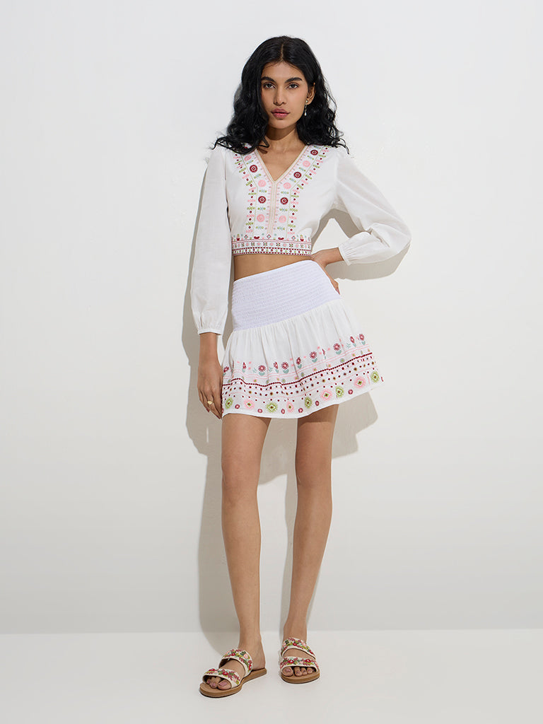 Bombay Paisley White Embroidered Cotton Crop Top