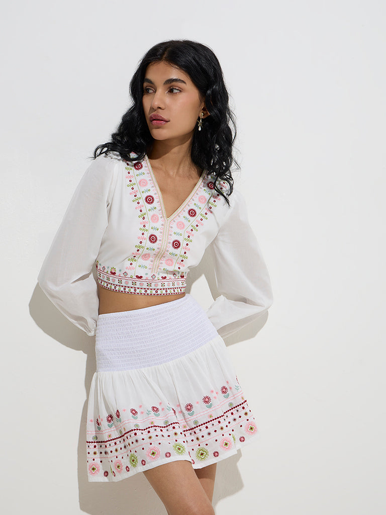 Bombay Paisley White Embroidered Cotton Crop Top