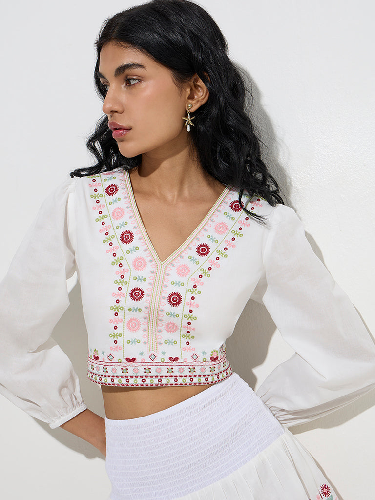 Bombay Paisley White Embroidered Cotton Crop Top