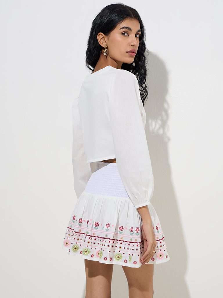 westisde Bombay Paisley Women's White Embroidered Cotton Crop Top for Everyday Back View