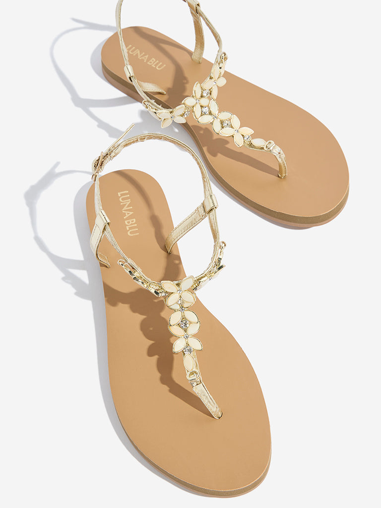 Westside LUNA BLU Women's Gold Embellished T-Strap Sandals Zoomed View