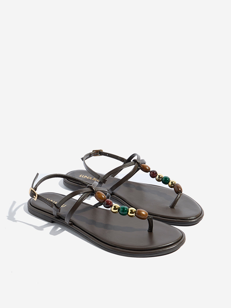 Westside LUNA BLU Women's Brown Beaded T-Strap Sandals Front View