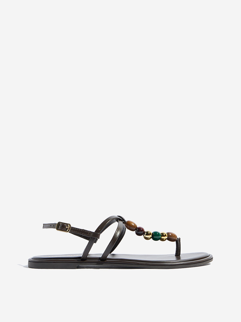Westside LUNA BLU Women's Brown Beaded T-Strap Sandals Side View