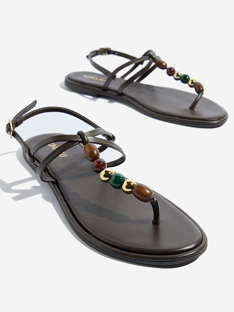 Westside LUNA BLU Women's Brown Beaded T-Strap Sandals Zoomed View