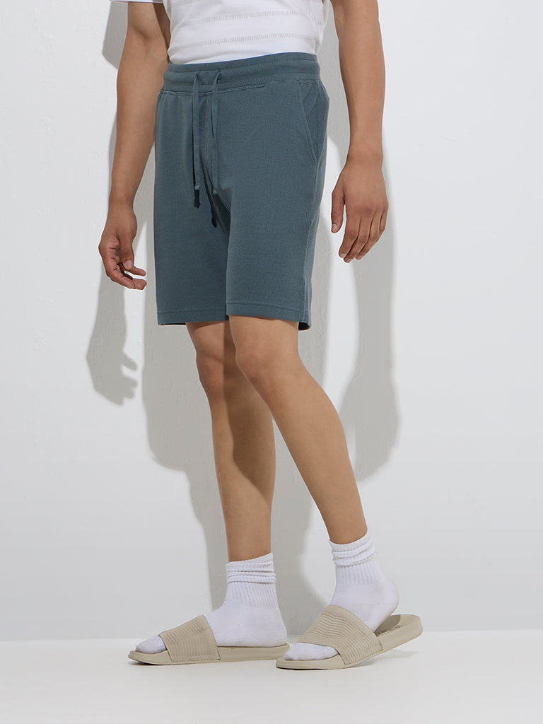 Westside WES Lounge Men's Dark Teal Relaxed-Fit Cotton-Blend Shorts for Casual Wear Front View