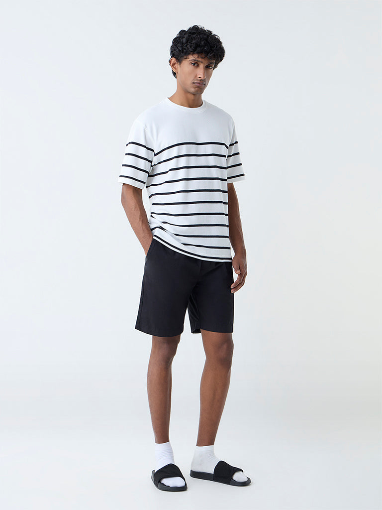 WES Lounge White Striped Relaxed-Fit Cotton-Blend T-Shirt