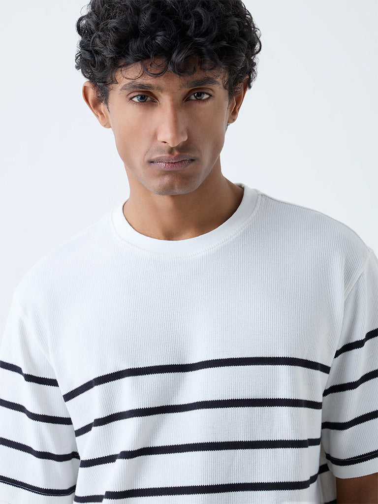 WES Lounge White Striped Relaxed-Fit Cotton-Blend T-Shirt