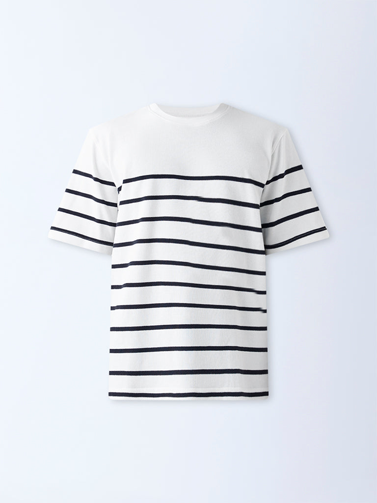 WES Lounge White Striped Relaxed-Fit Cotton-Blend T-Shirt