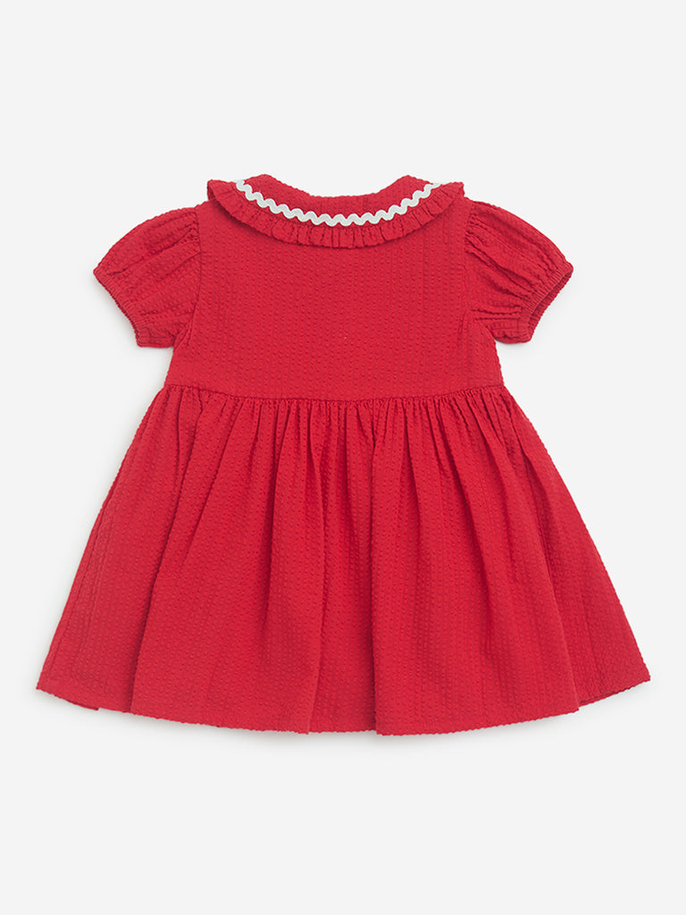 westisde HOP Baby Girls' Red Seersucker Striped Cotton A-Line Dress for Casual Wear Back View