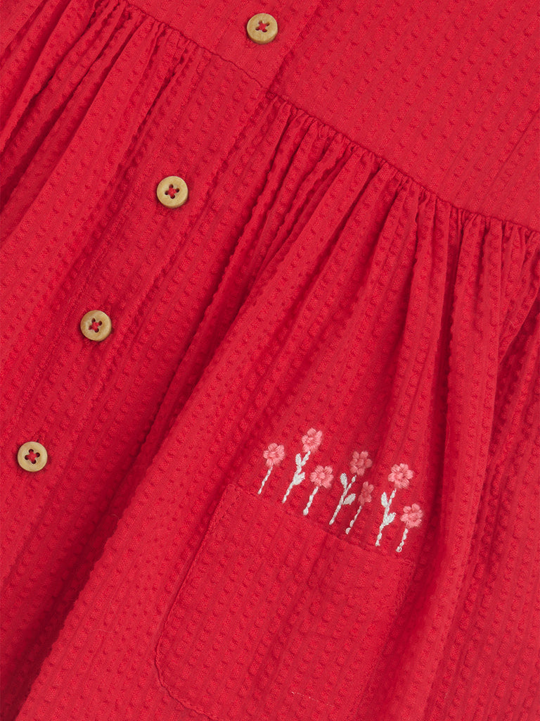 westisde HOP Baby Girls' Red Seersucker Striped Cotton A-Line Dress for Casual Wear Zoom View