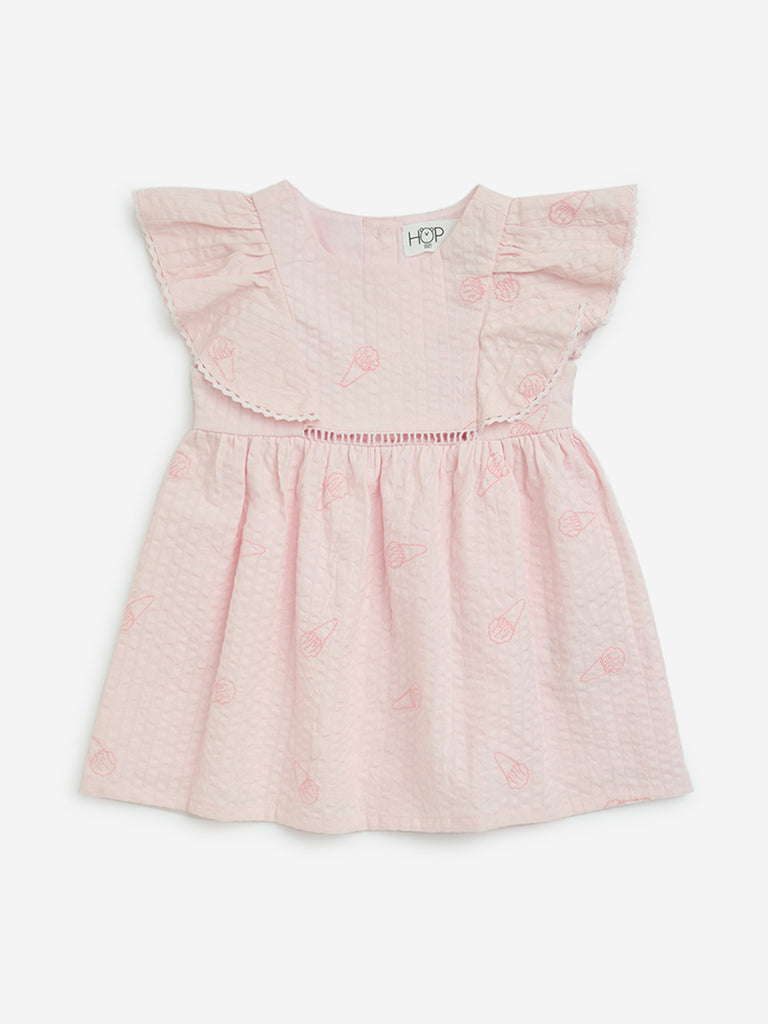 HOP Baby Pink Seersucker Cotton A-Line Dress