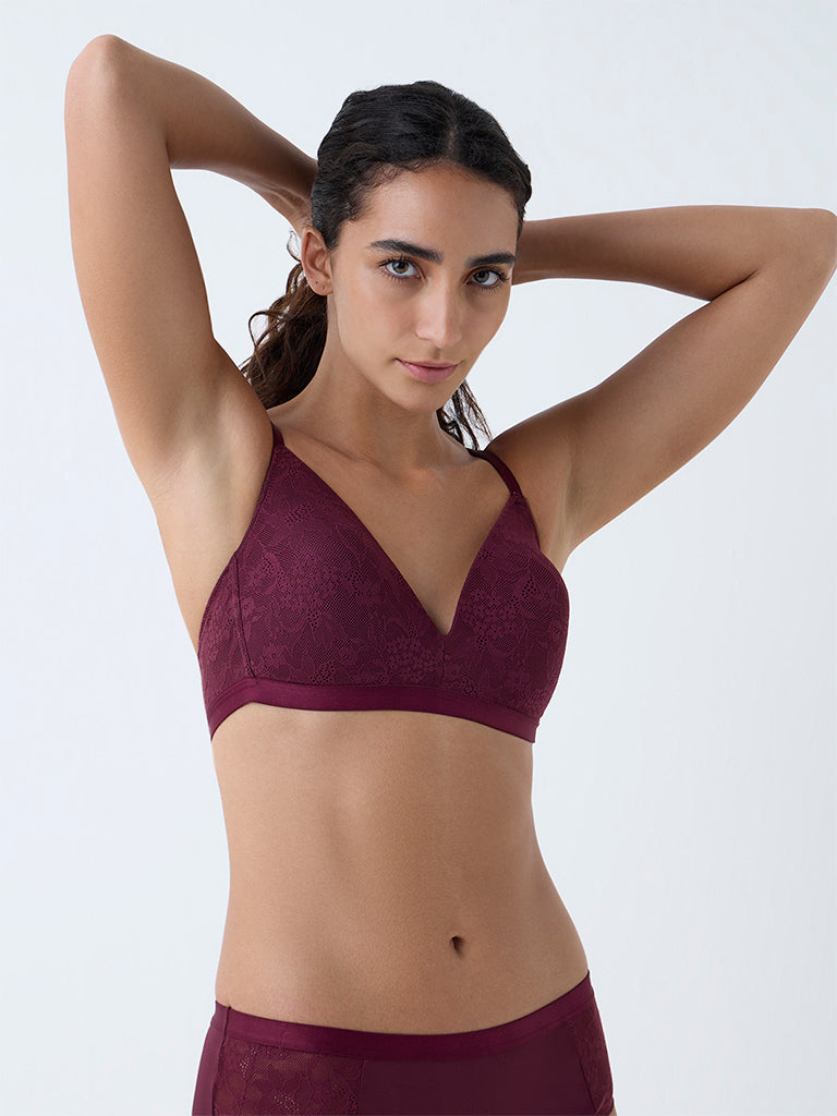 Wunderlove Wine Lace Detailed Padded Bra