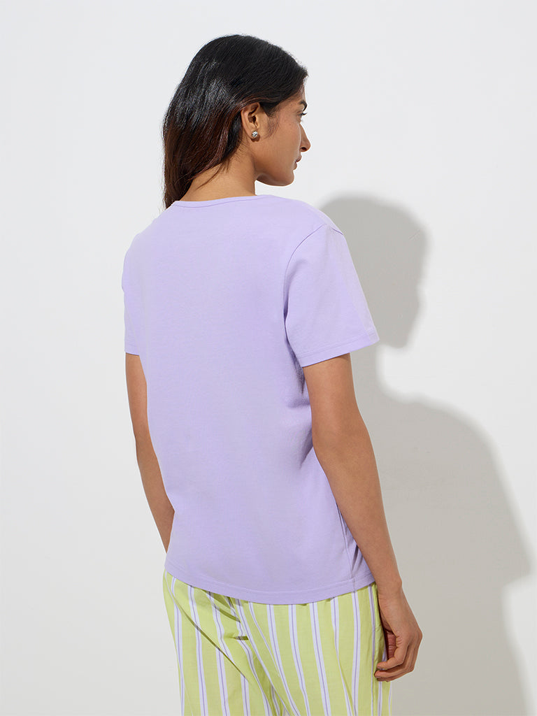 Westside Wunderlove Women's Lilac Text Printed Cotton T-Shirt for Casual Wear Back View