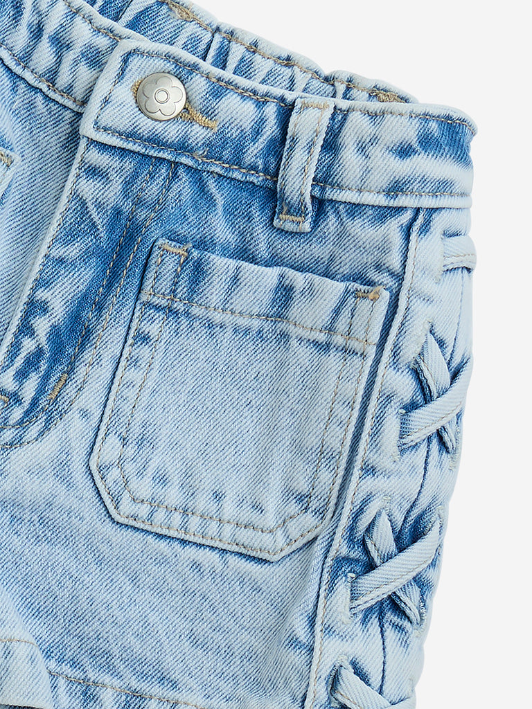 westisde HOP Girls' Kids Light Blue High-Rise Denim Shorts for Casual Wear Zoom View