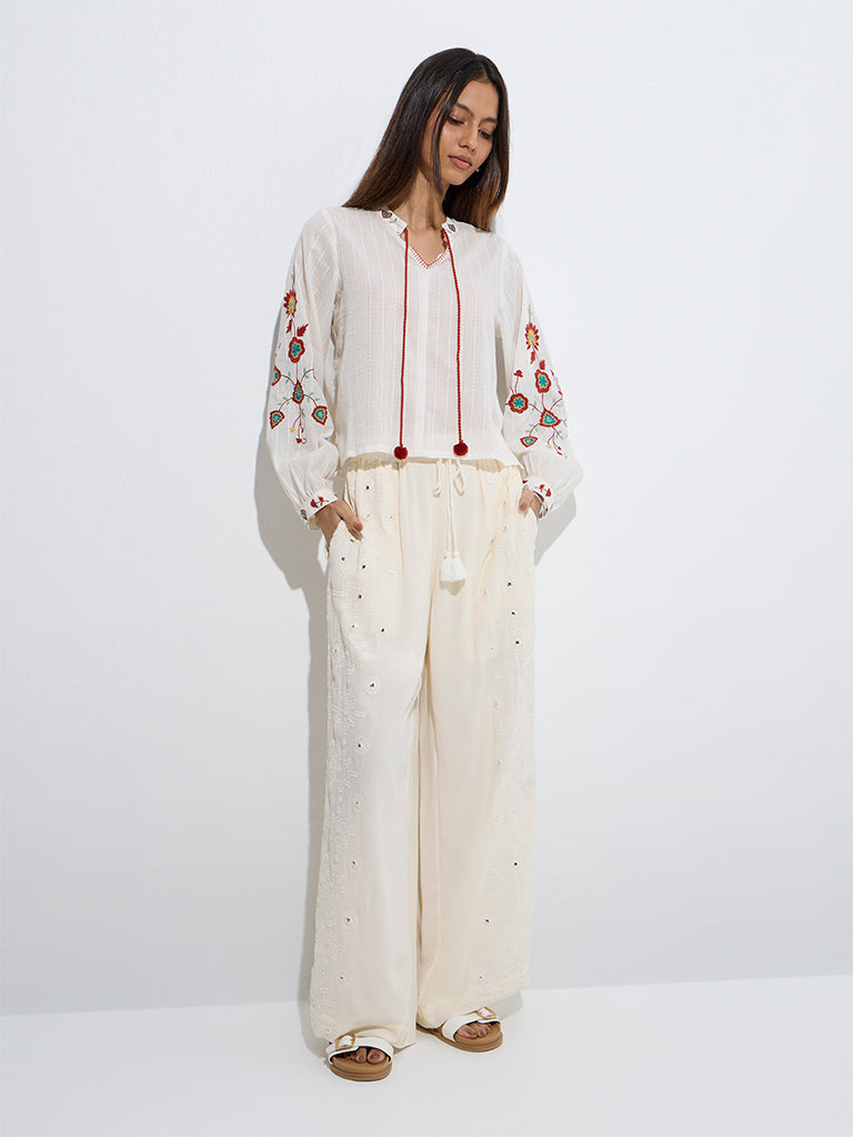 Bombay Paisley Ivory Mirror Work Detailed Cotton Palazzos