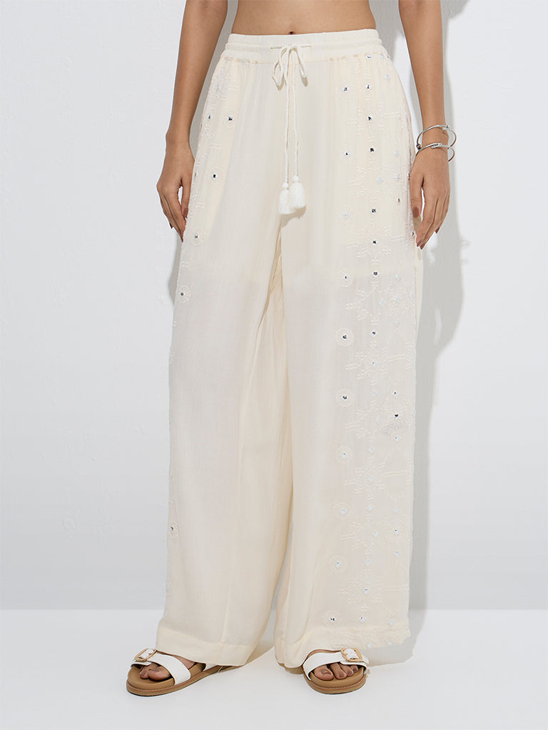 Bombay Paisley Ivory Mirror Work Detailed Cotton Palazzos