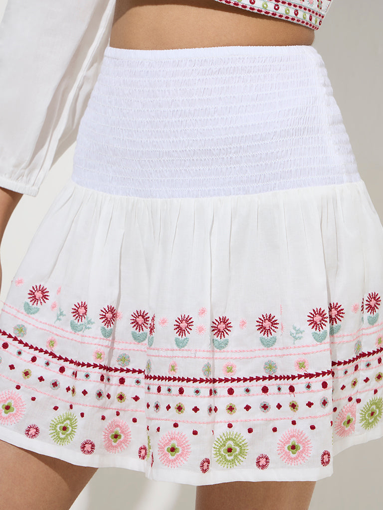 Bombay Paisley Off-White Embroidered Cotton Skirt