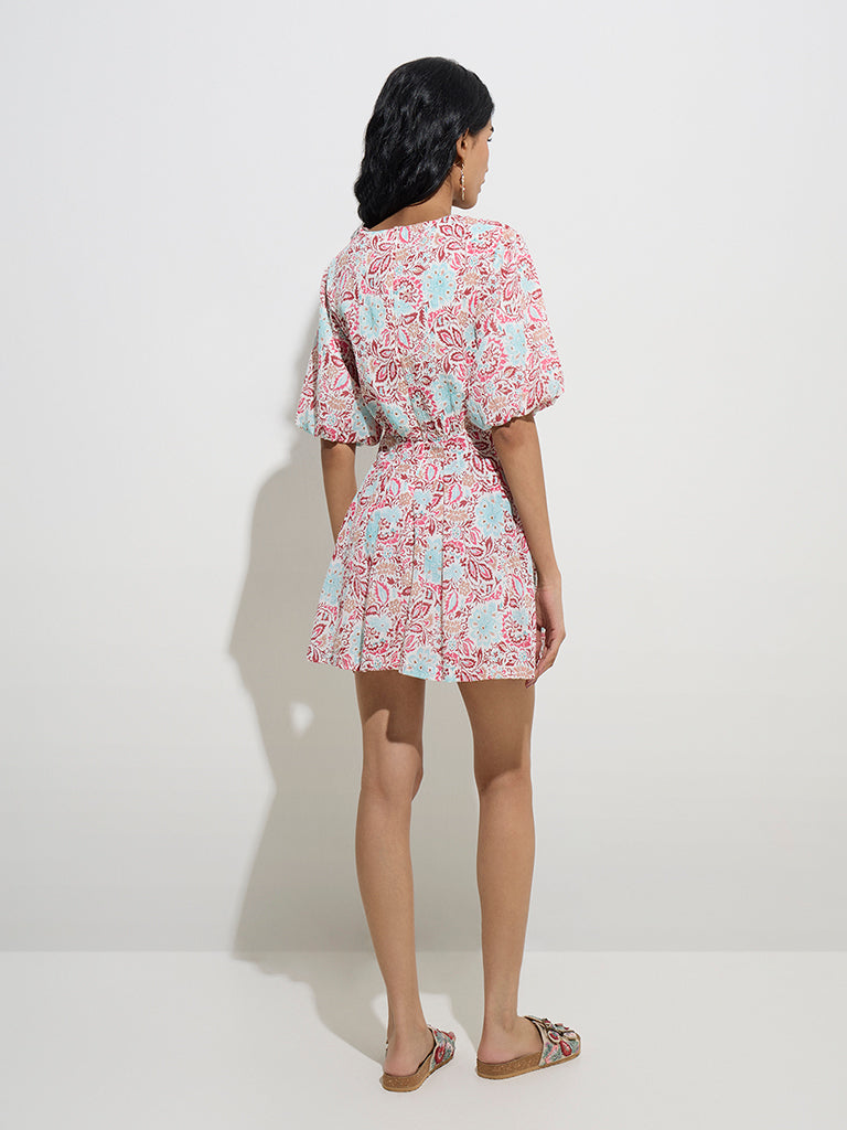 westisde Bombay Paisley Women's Dark Pink Floral Cotton A-Line Dress for Everyday Back View
