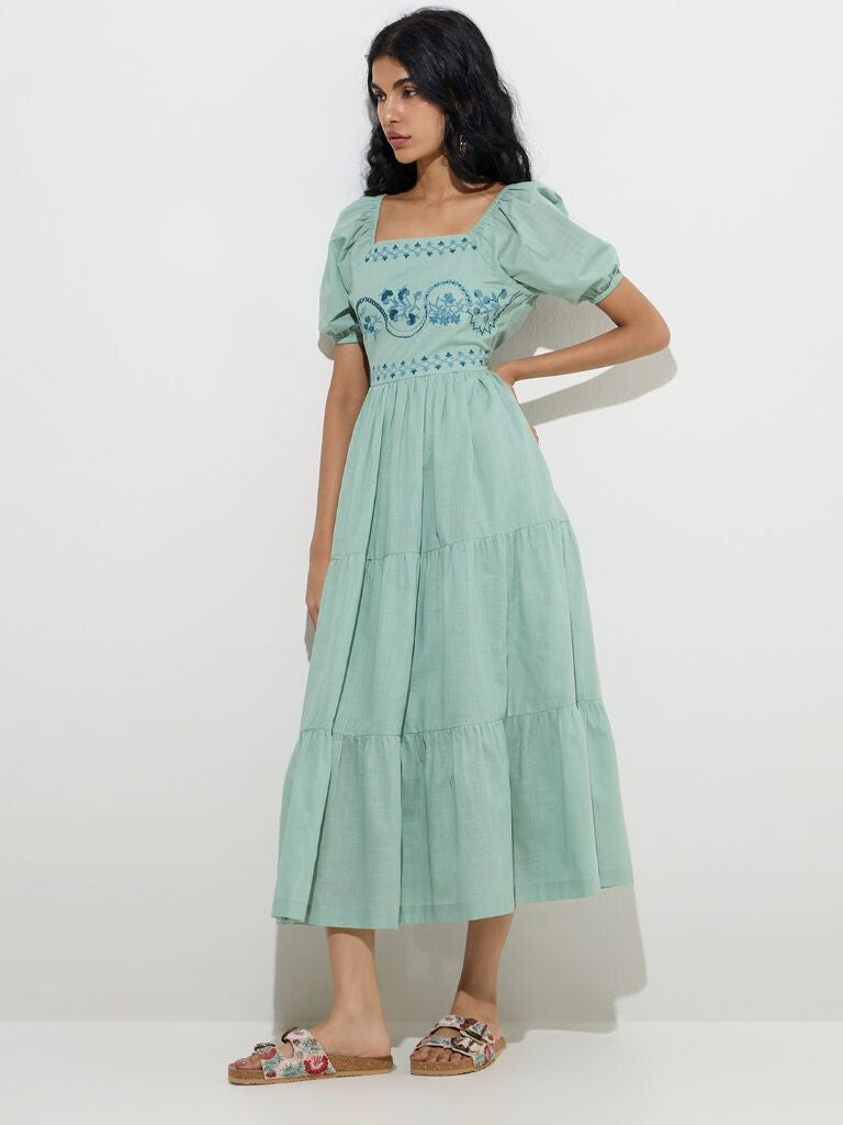 Bombay Paisley Green Floral Design Cotton Tiered Dress