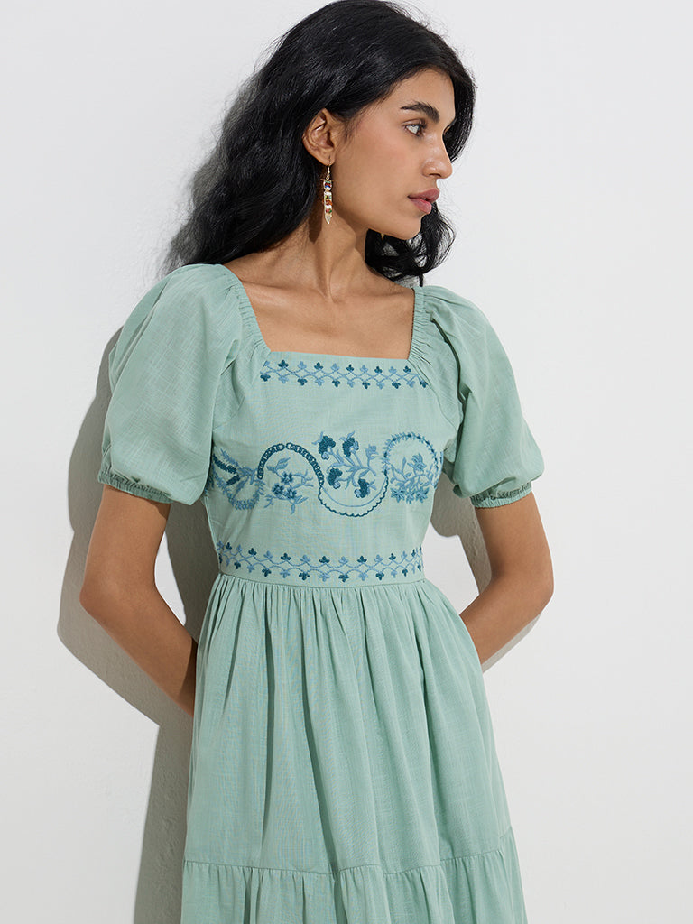 Bombay Paisley Green Floral Design Cotton Tiered Dress