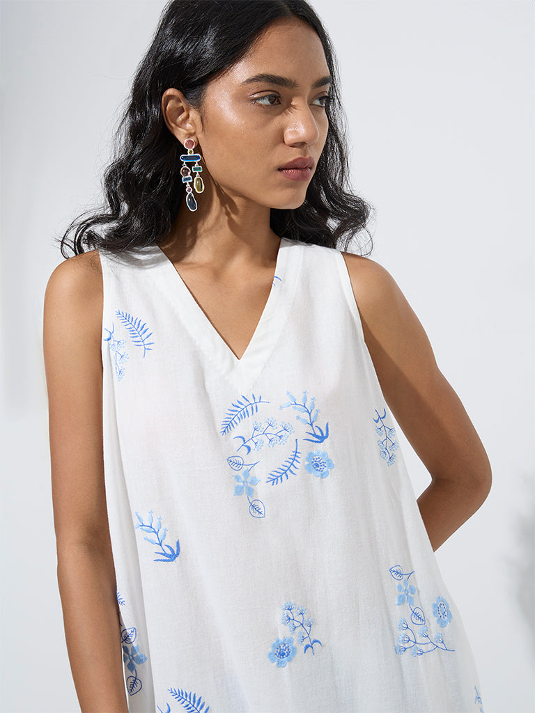 Utsa White Floral Design A-Line Cotton-Blend Kurta
