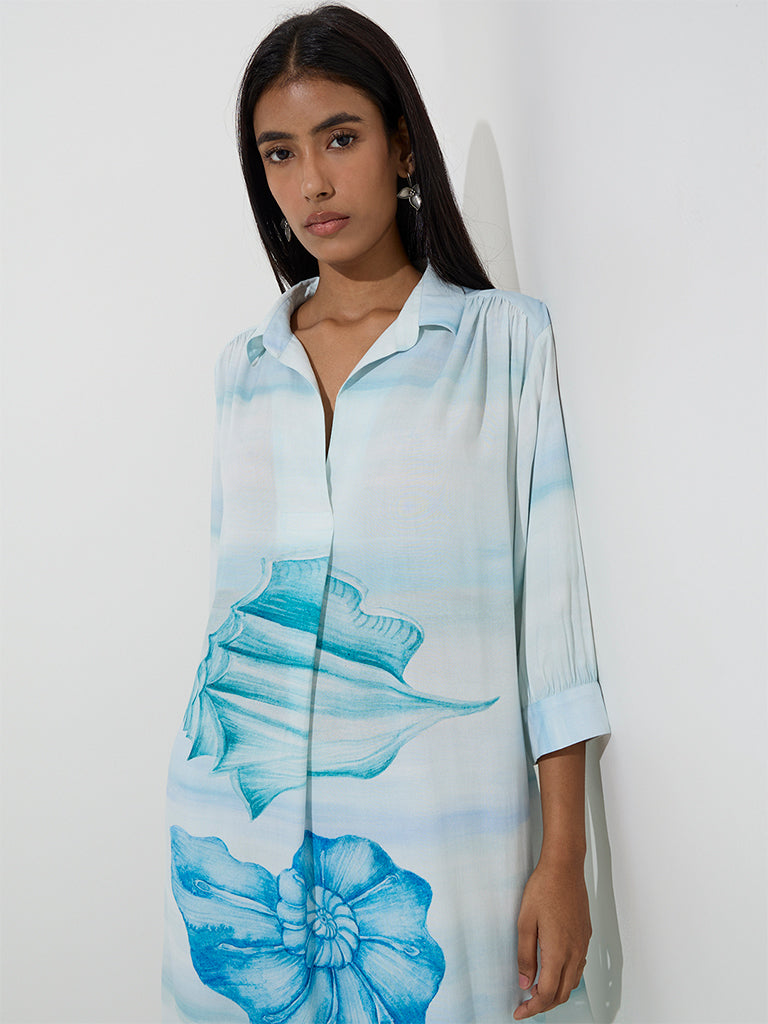 Utsa Light Blue Seashell Printed High-Low Kurta