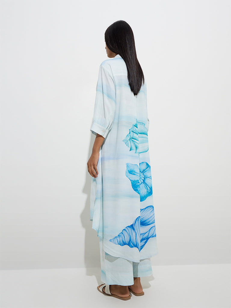 westisde Utsa Women's Light Blue Seashell Printed High-Low Kurta for Work Wear Back View