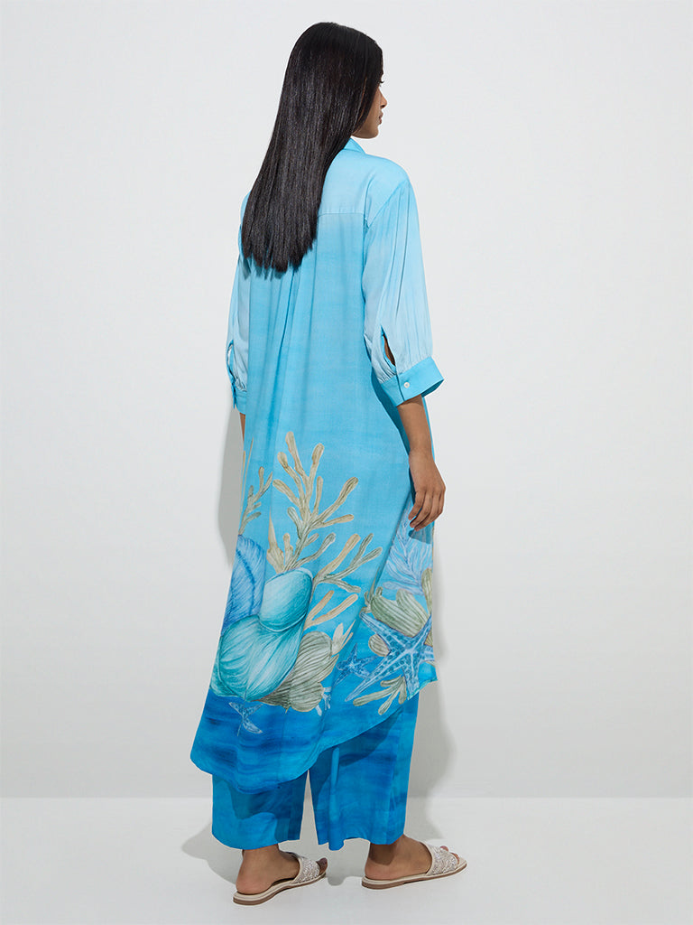 Utsa Cerulean Blue Seashell Design High-Low Kurta