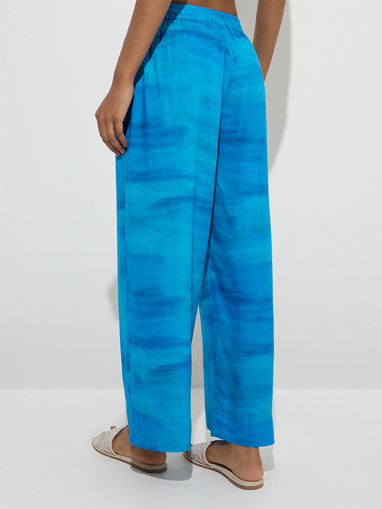 westisde Utsa Women's Blue Tie-Dye Printed Palazzos for Work Wear Back View