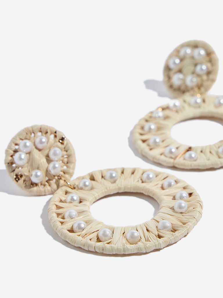 Westside Accessories Light Beige Circle Raffia Pearl Earrings