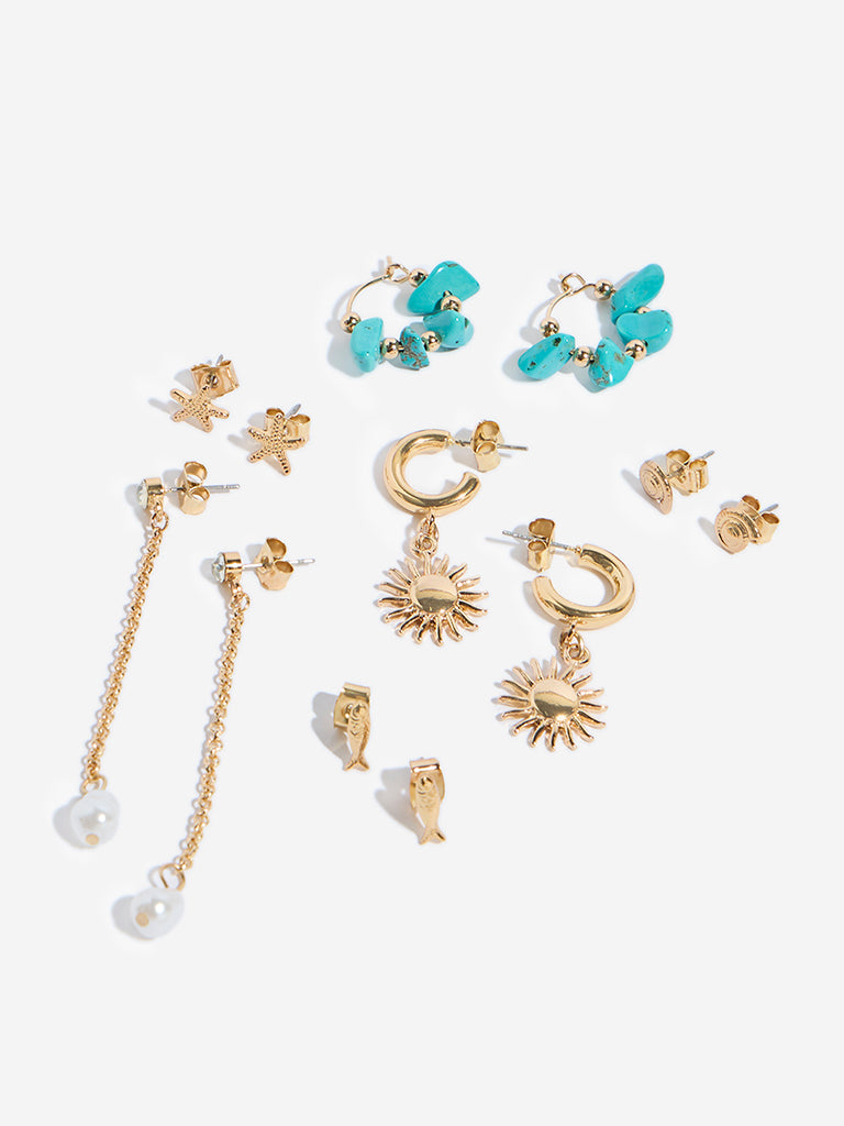 Westside Accessories Gold Shells and Agate Earrings Set - Pack of 6