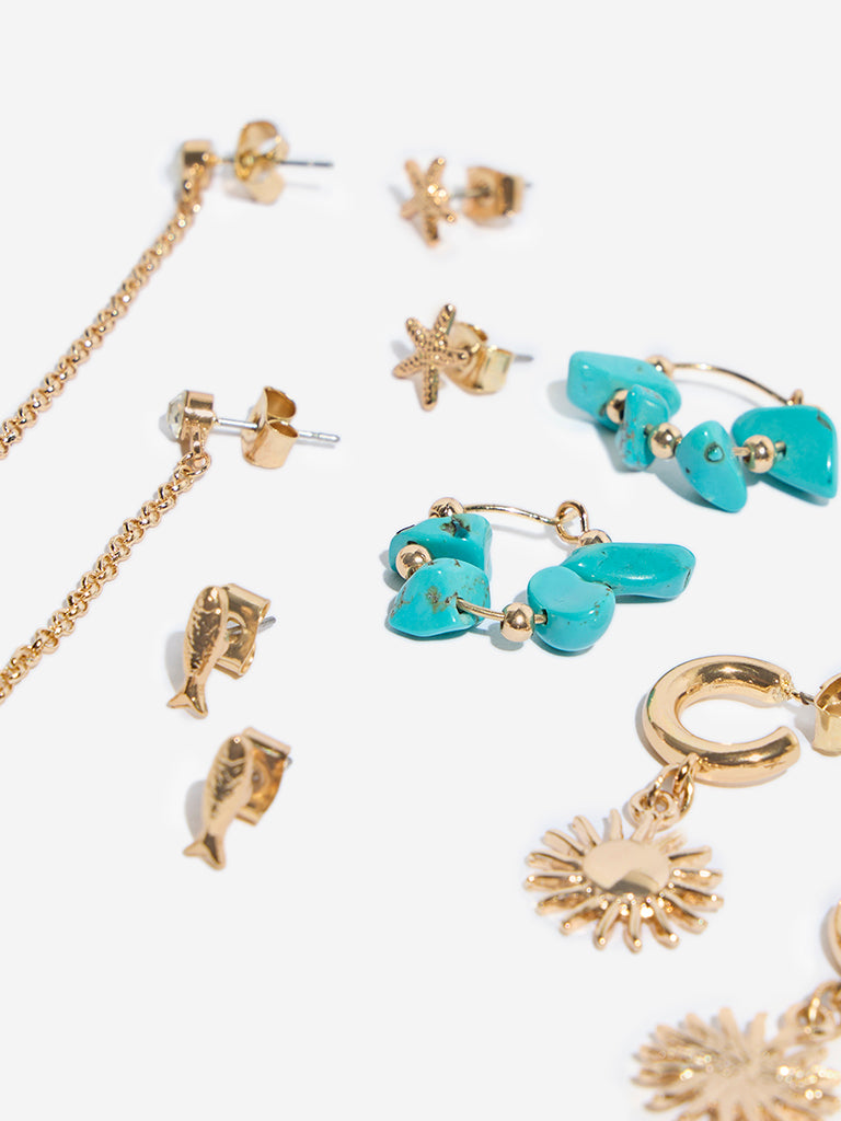 Westside Accessories Gold Shells and Agate Earrings Set - Pack of 6