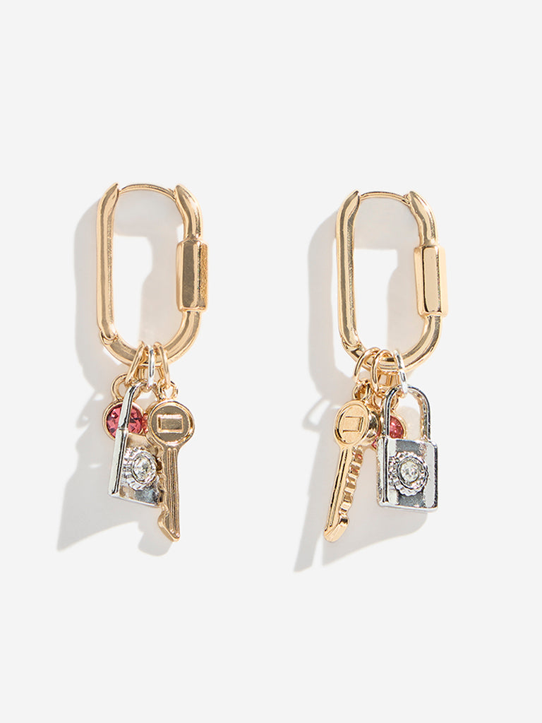 Westside Accessories Gold Multi Charm Rectangle Hoop Earrings
