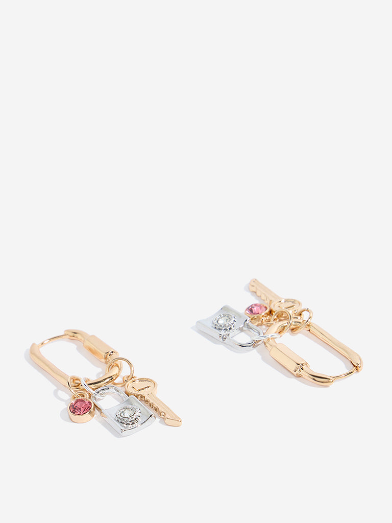 Westside Accessories Gold Multi Charm Rectangle Hoop Earrings