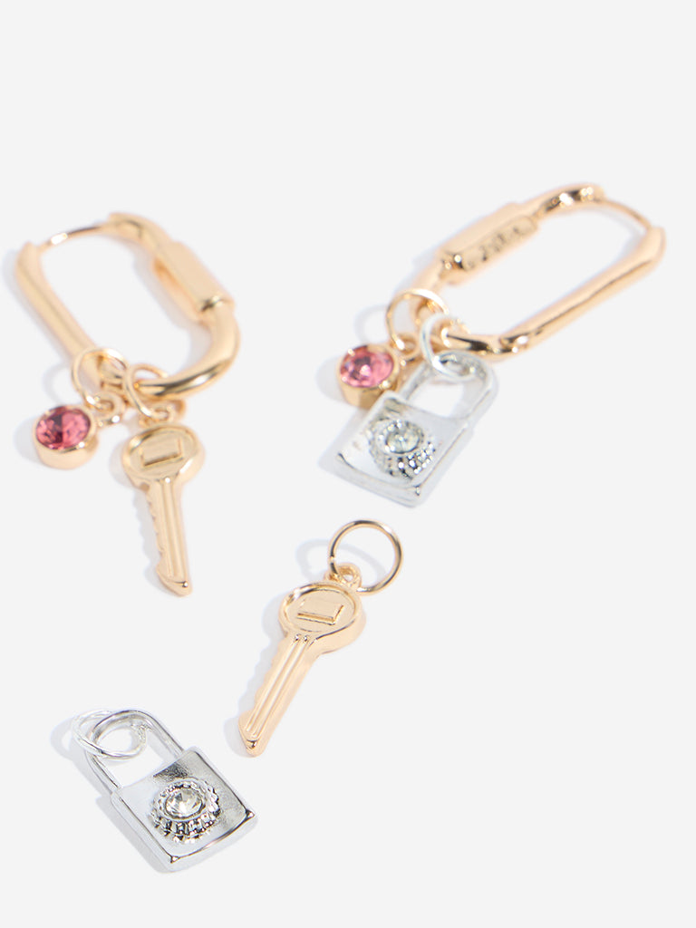 Westside Accessories Gold Multi Charm Rectangle Hoop Earrings