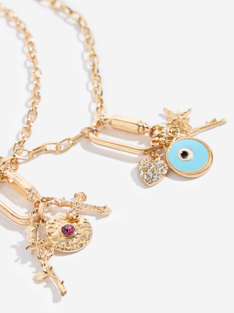 Westside Accessories Gold Multi Charm 2-Layer Necklace Set - Pack of 2